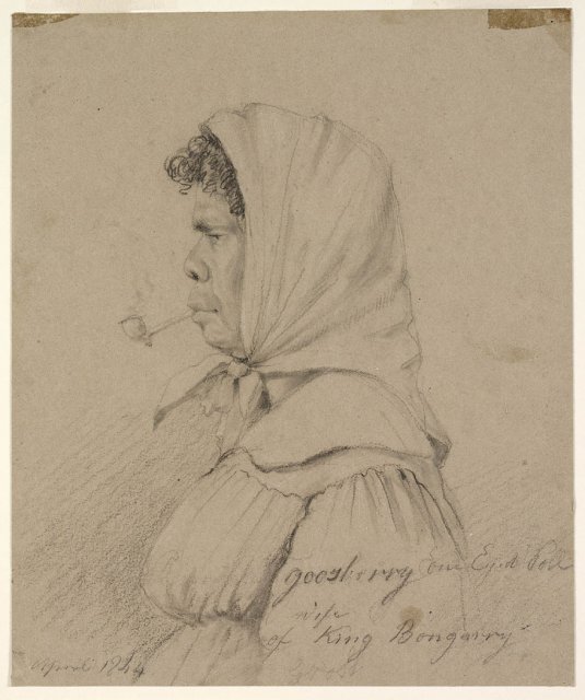Cora Gooseberry, One Eyed Poll, Wife of King Bungaree by Charles Rodius, c1844.  SLNSW